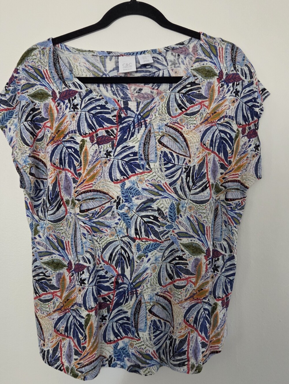 C&C California Linen Leaf-Print Short Sleeve Top XL - Picture 1 of 5